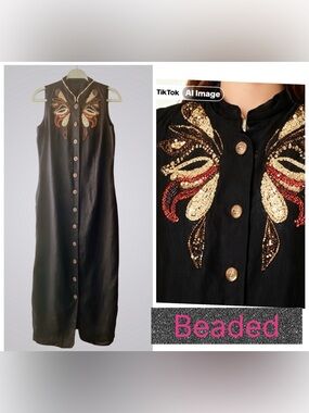 Beaded Black Sleeveless Button-Front Maxi Dress small